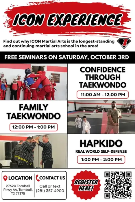 ICON Experience flyer: free Taekwondo, Family Taekwondo, and Hapkido seminars on Saturday, October 3rd at ICON Martial Arts in Tomball