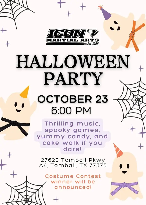 ICON Martial Arts Halloween Party flyer: Friday, October 23 at 6:00 PM, with music, spooky games, candy, a cake walk and a costume contest