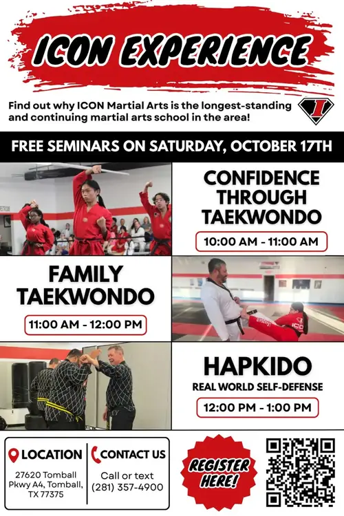 ICON Experience flyer: free Taekwondo, Family Taekwondo, and Hapkido seminars on Saturday, October 17th at ICON Martial Arts in Tomball